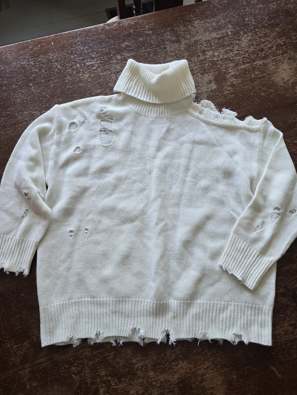Ivory Distressed Turtleneck Sweater - Cozy Oversized Knit